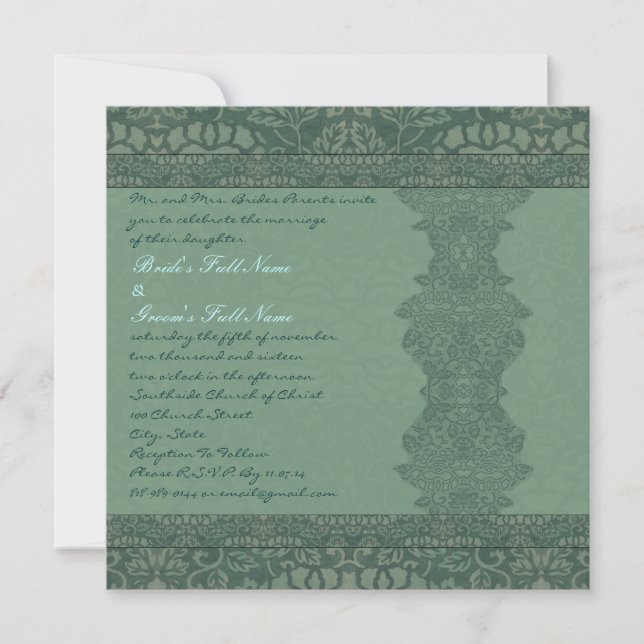 Square Green Vintage Damask Wedding Invitation Einladung (Vorderseite)
