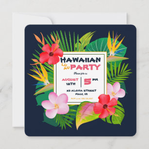 Square Hawaiian Luau Party Dark Blue Floral Einlad Ankündigung