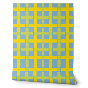 Square Karo Pattern Blau Gelb Grün Tapete