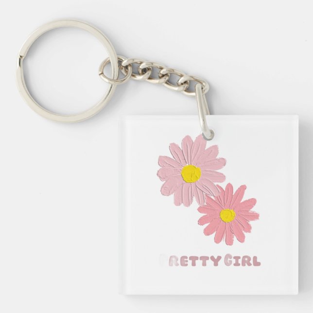 Square keychain with pink daisy flowers schlüsselanhänger (Vorderseite)