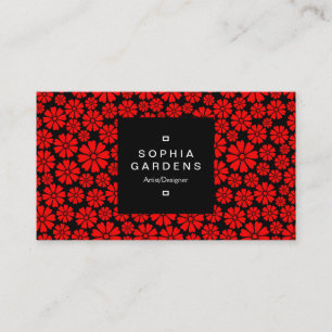 Square Label 01a - 8 Petals - Rot auf Schwarz Visitenkarte