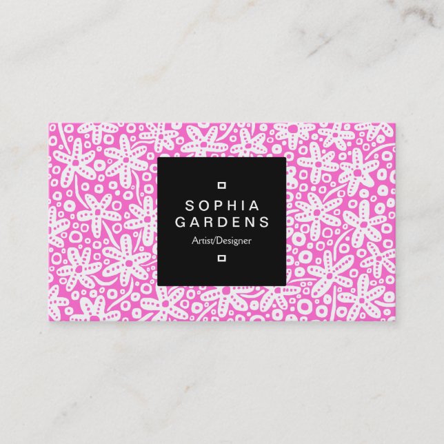 Square Label 01a - Blume Muster - Weiß auf Rosa Visitenkarte (Vorderseite)