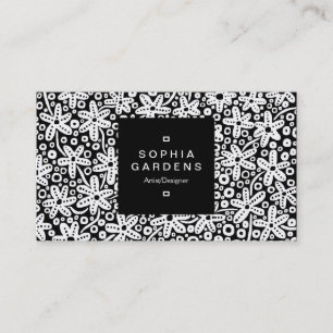 Square Label 01a - Blume Muster - Weiß auf Schwarz Visitenkarte
