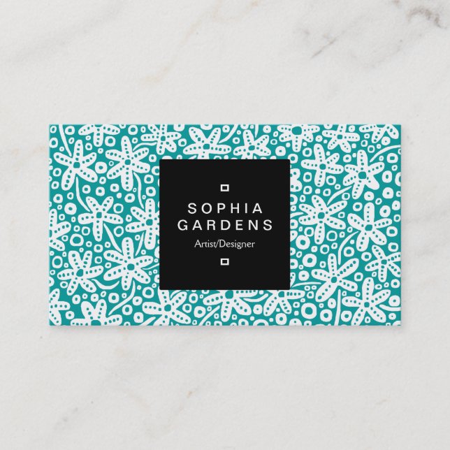 Square Label 01a - Blume Patt - Wt on Türkise Visitenkarte (Vorderseite)