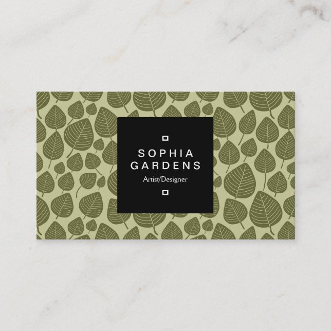 Square Label 01a - Leaf pattern 02 - Olive Shades Visitenkarte (Vorderseite)