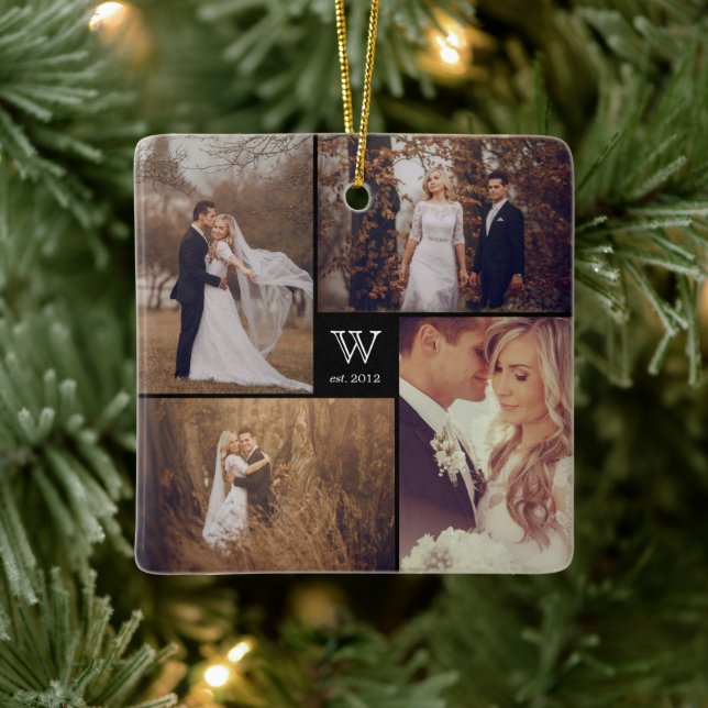 Square Monogram Simple Foto Collage Holiday Keramikornament (Baum)