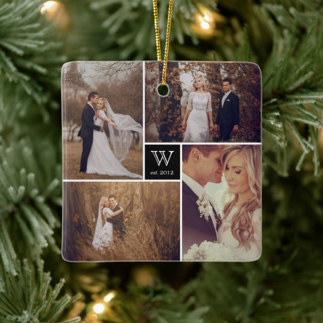 Square Monogram Simple Foto Collage Holiday Keramikornament (Baum)