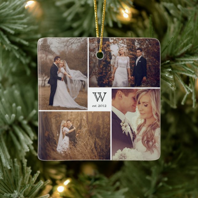 Square Monogram Simple Foto Collage Weihnachten Keramikornament (Baum)