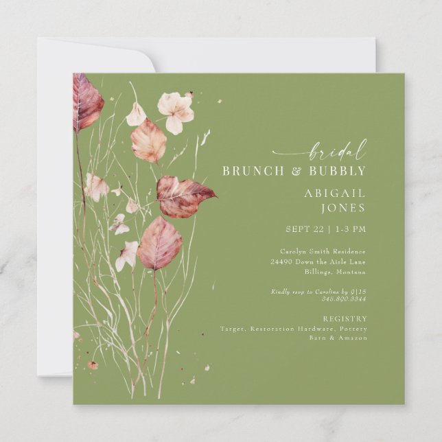 Square Moss Green Autumn Bridal Brunch & Bubbly Einladung (Vorderseite)