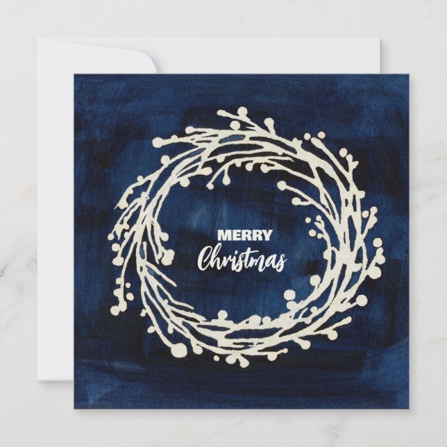 Square Navy Blue Wreath Weihnachtskarte Feiertagskarte (Vorderseite)