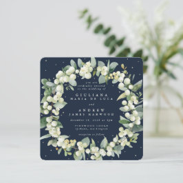 Square Navy Snowberry+Eucalyptus Wreath Wedding Einladung