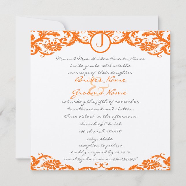 Square Orange Damask Monogram Wedding Einladung (Vorderseite)