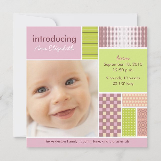 Square Patchwork Pink Designer Geburtserklärung Ankündigung (Vorderseite)