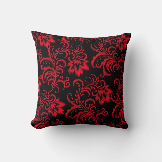 Square Pillow Red Brocade Black Damask Kissen (Vorderseite)