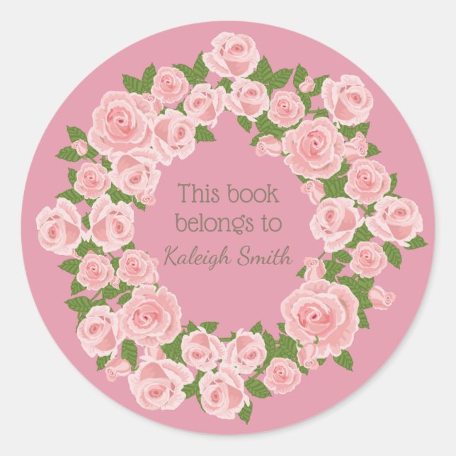 Square Pink Floral Wreath auf Pink Book Name Plate Runder Aufkleber (Vorderseite)