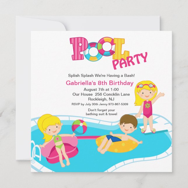 Square Pink Pool Party Girls Einladung zum Geburts (Vorderseite)