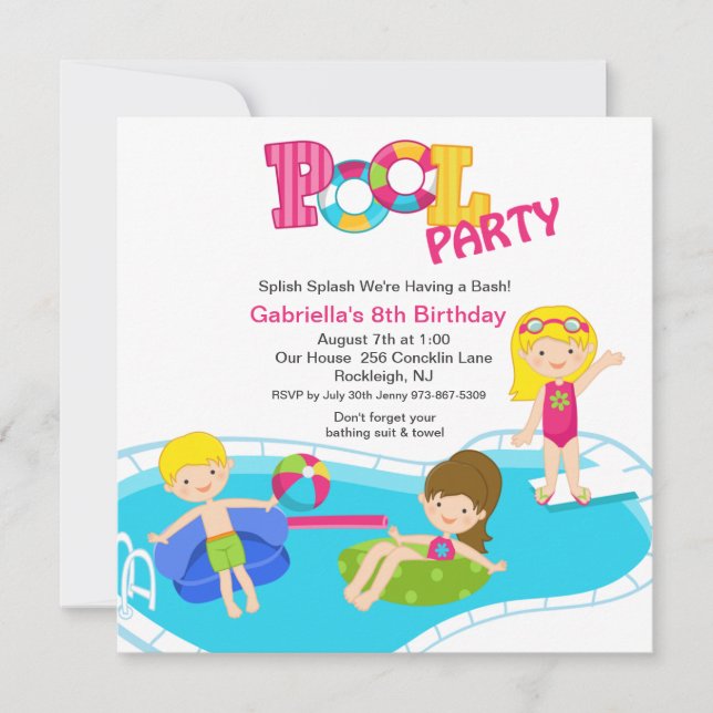 Square Pink Pool Party Girls Einladung zum Geburts (Vorderseite)
