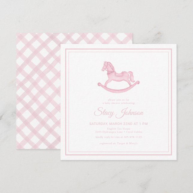 Square Pink Rocking Horse Girl Kinderdusche Einlad Einladung (Vorne/Hinten)
