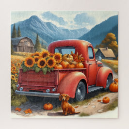 Square Puzzle Old Red Truck Country Road Dachsund