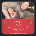 Square Red Baby's First Christmas Foto Stickers<br><div class="desc">Viereckige Rot-Weiß-Babyaufkleber für das Erste Weihnachtsfest mit wechselndem Text und Foto. Fotografie © Storytree Studios,  Stanford,  CA</div>