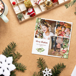 Square Red Berries Photo Collage Merry Christmas Feiertagskarte