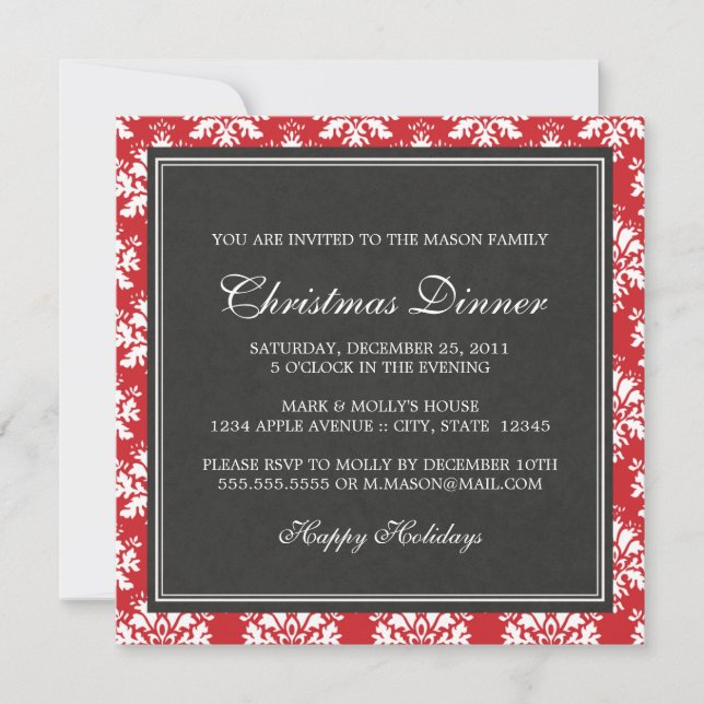 Square Red Damask Weihnachtsessen Einladung (Vorderseite)