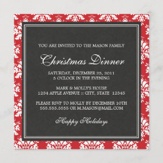 Square Red Damask Weihnachtsessen Einladung