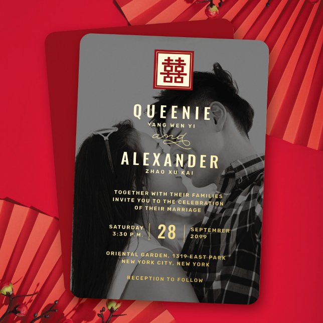Square Red Double Happiness Foto Chinese Wedding Folieneinladung (Red/Gold Classic Square Double Happiness Chinese Wedding Real Foil Photo Invite @ fatfatin_red_knot)