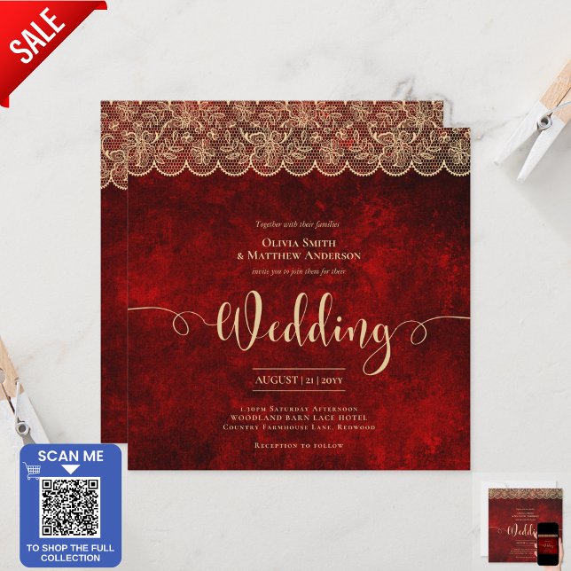 SQUARE RED Gold Lace Wedding Print oder Download Einladung (Von Creator hochgeladen)