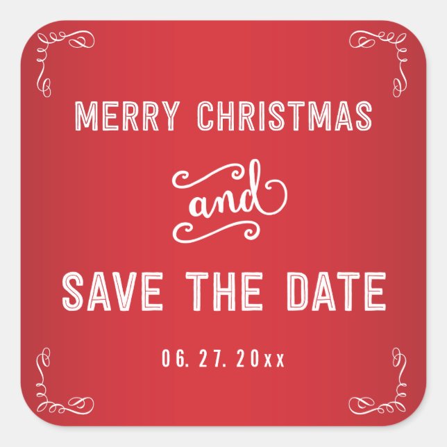 Square Red White Save the Date Weihnachtskleber Quadratischer Aufkleber (Vorderseite)