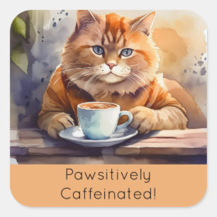 Square Sticker Orange Cat Drink Coffee