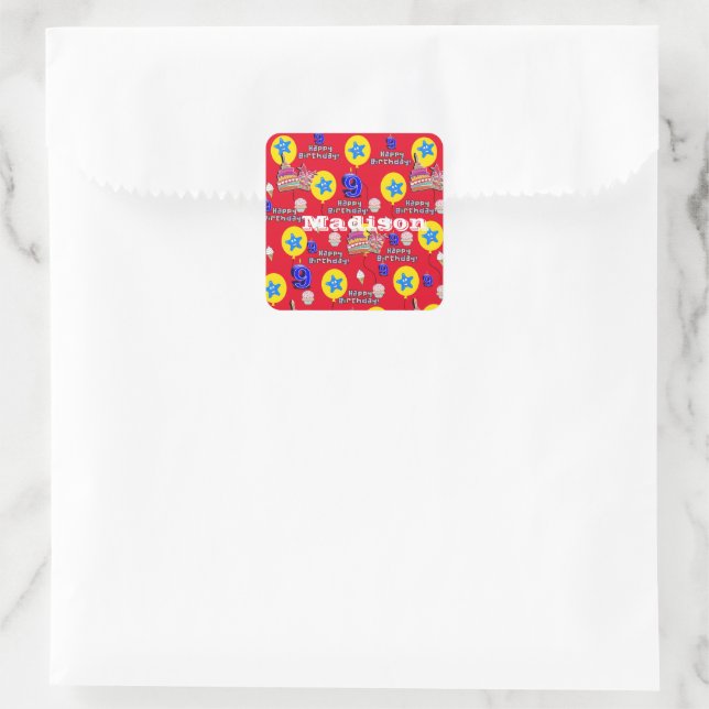 Square Stickers, #9 Happy 9th Birthday Red Quadratischer Aufkleber (Tasche)