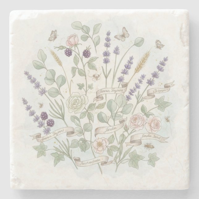Square Stone Untersetzer - Botanische Wasserfarbe (Vorderseite)
