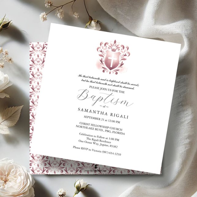 Square Taufen Einladungen Religiöse Rosa (Daughter baptism invitations dusty rose watercolor)
