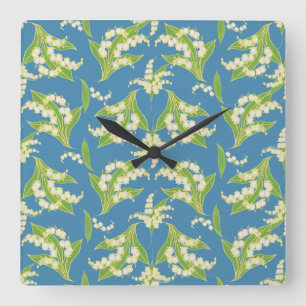 Square Wall Clock: Lilies of the Valley on Blue Quadratische Wanduhr