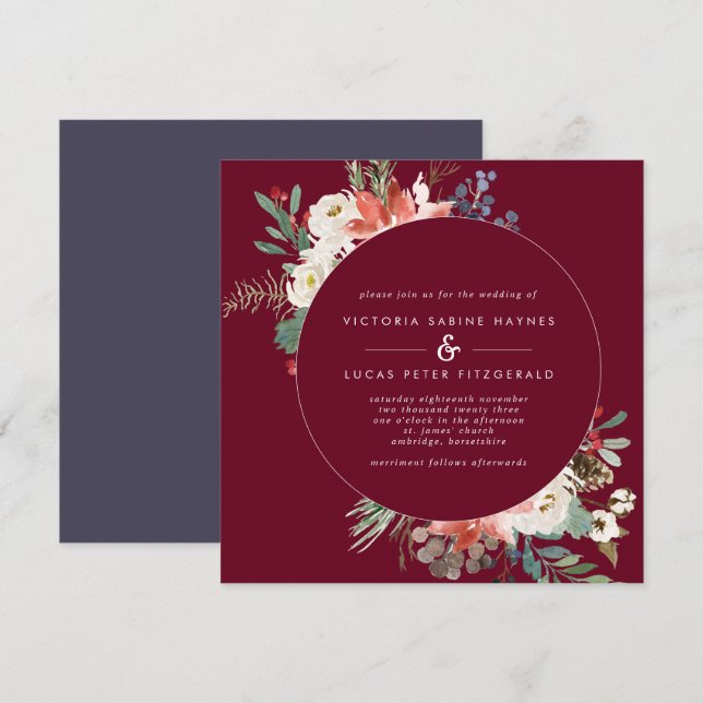Square Winter Berry Floral Wedding Einladung (Vorne/Hinten)