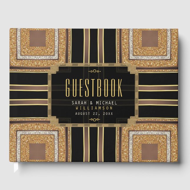Squazi Art Deco Glitzer Schwarzes Muster Gästebuch (Vorderseite)