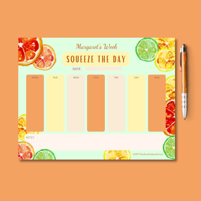 Squeeze the Day Citrus Motivation Weekly Planer Notizblock (This citrus week-at-a-glance notepad has a zesty palette of orange, lime green, and lemon yellow.)
