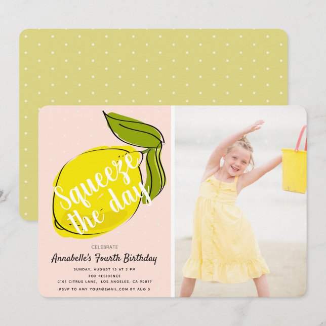 Squeeze the Day Lemon Pink Girl Birthday Foto Einladung (Vorne/Hinten)