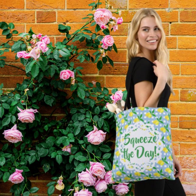 Squeeze The Day Yellow Lemons Blue White Check Tasche (Start the day with a squeeze!)
