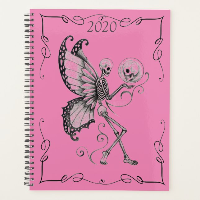 Squelette avec ailes papillon sur rose sur un (Devant)