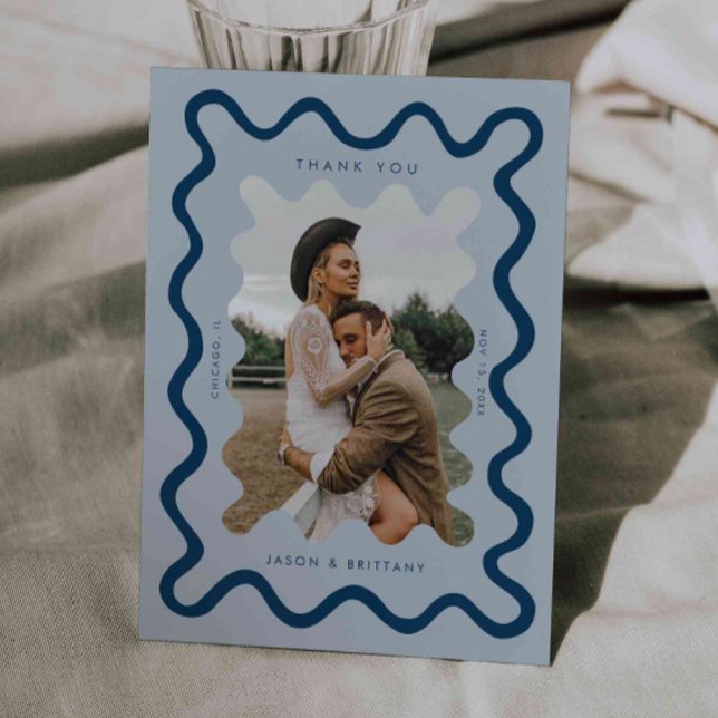 Squiggly Hand Drawn Line Navy Blue Wedding Foto Dankeskarte (Von Creator hochgeladen)