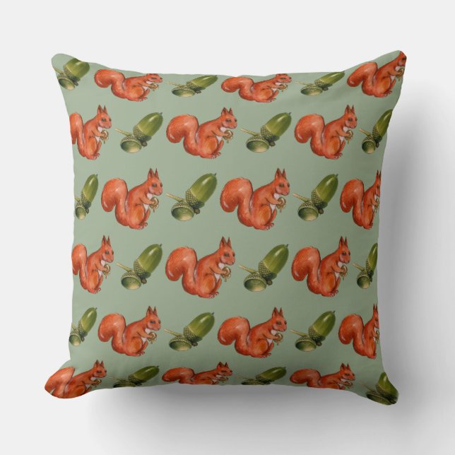 Squirrel and Acorn Pattern Green Kissen (Vorderseite)