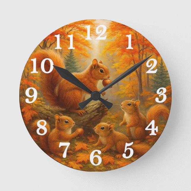 Squirrel And Child Rustic Autumn Forest Clock Runde Wanduhr (Vorderseite)