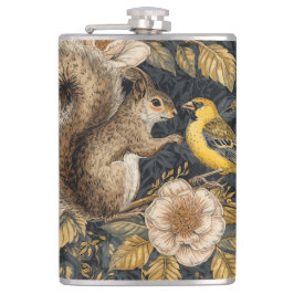 Squirrel and Yellow Canary with Flowers Pattern Flachmann