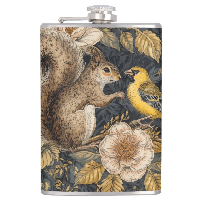 Squirrel and Yellow Canary with Flowers Pattern Flachmann (Vorderseite)