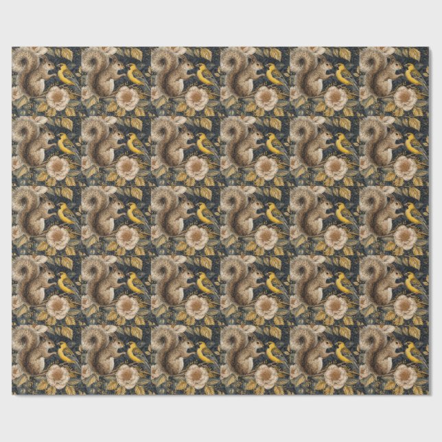 Squirrel and Yellow Canary with Flowers Pattern Geschenkpapier (Flach)