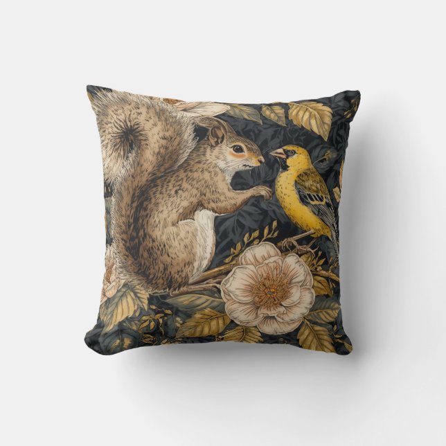 Squirrel and Yellow Canary with Flowers Pattern Kissen (Vorderseite)