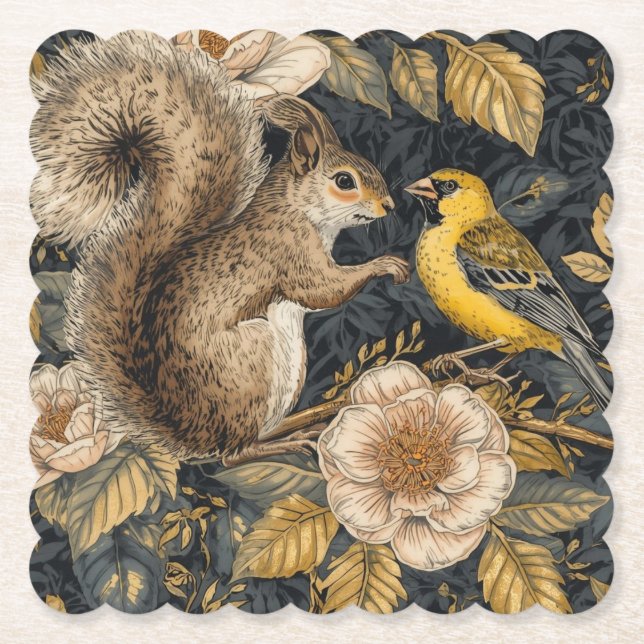 Squirrel and Yellow Canary with Flowers Pattern Untersetzer (Vorderseite)