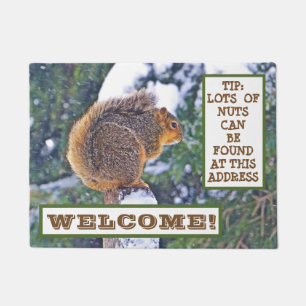 SQUIRREL AUF SCHNEEBEDECKTEN POST/SUCHEN NACH NUTS FUßMATTE